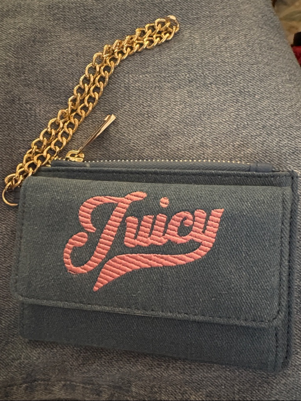 Juicy Couture Blue Denim Wristlet with Pink Script Logo and Gold Chain